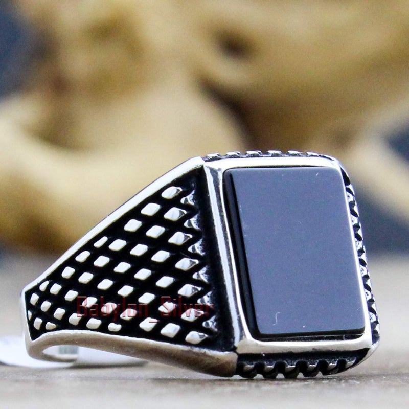 Babylon Silver Solid 925 Sterling Silver Onyx Stone Turkish Handmade Luxury Men's Ring (7) - Image 2